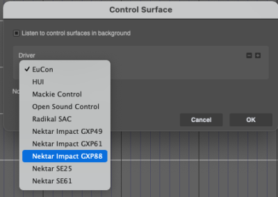 DP Control Surface driver menu (MacOS) - GXP