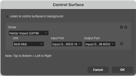 DP Control Surface settings (MacOS) - GXP