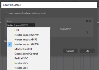 DP Control Surface driver menu (Win) - GXP