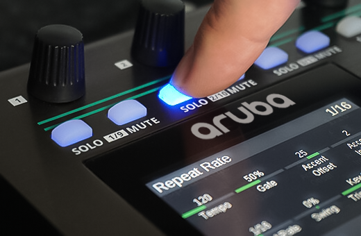 Aruba (formerly Aura) show how repeat rate can be changed via RGB buttons